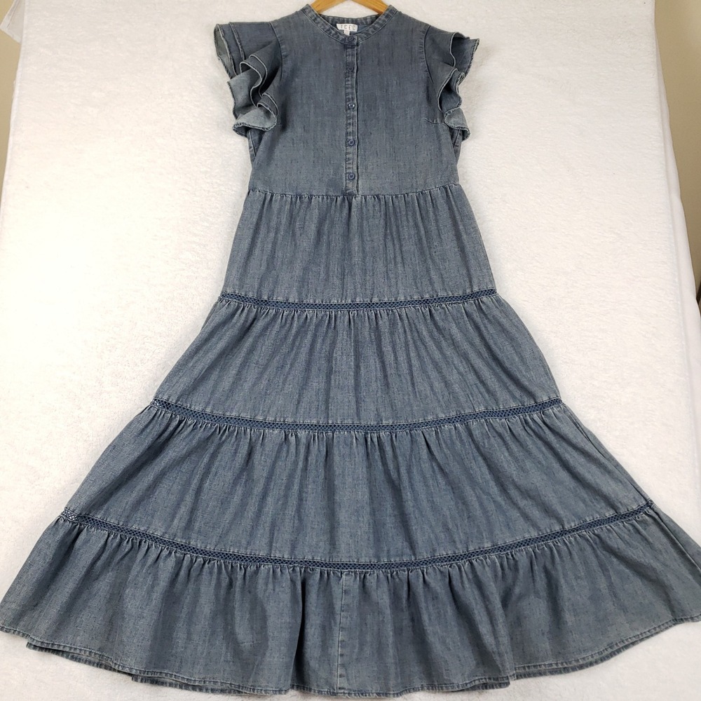 TCEC Blue Denim Tiered Maxi Dress with Ruffle Sleeves NWT
